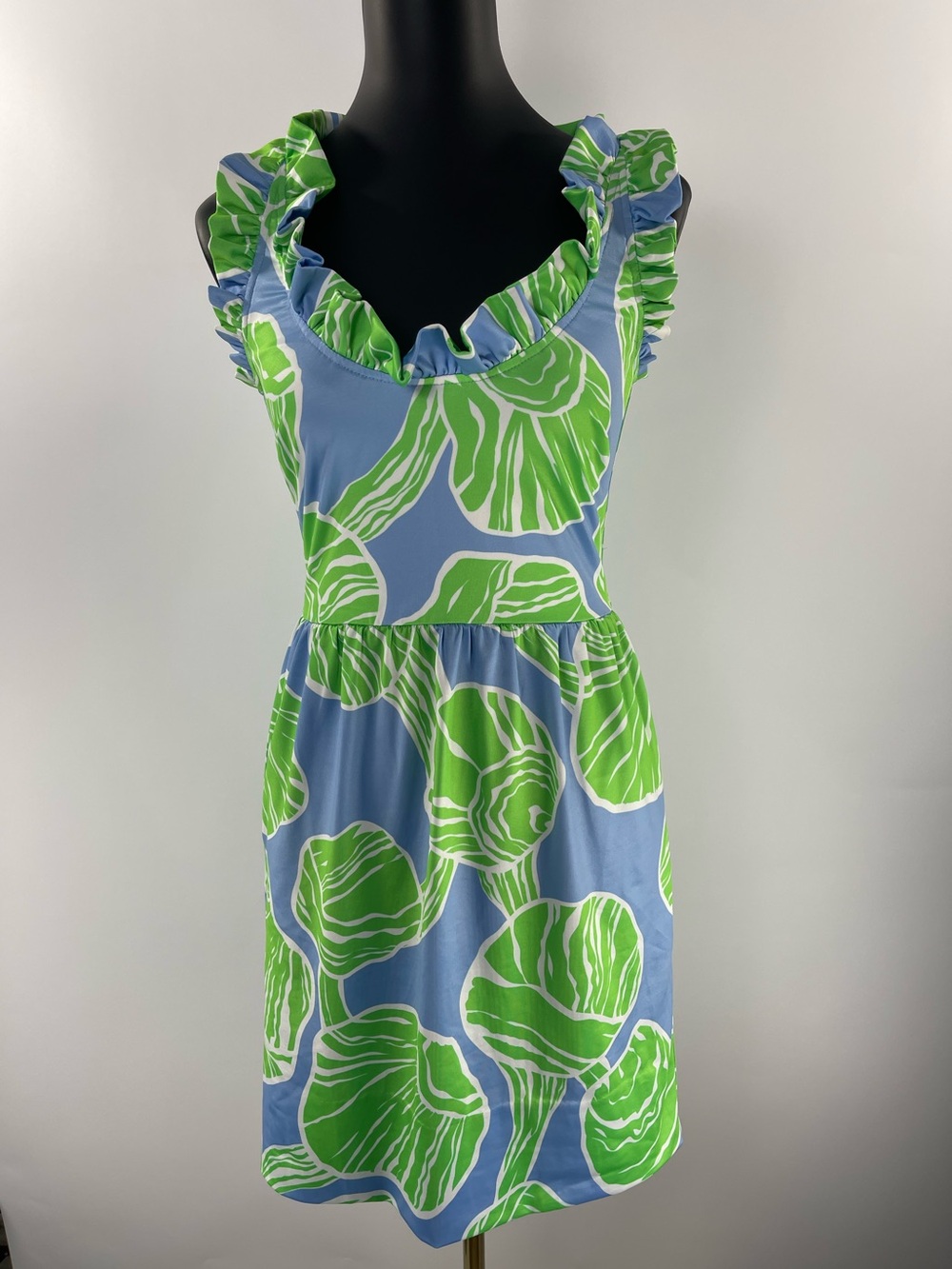 Gretchen Scott Blue Green Resortwear Tropical Ruffle Collar XXS Mini Dress